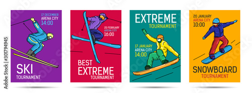 Set of posters for extreme winter sports tournament or competition with snowboarder and skier in various positions