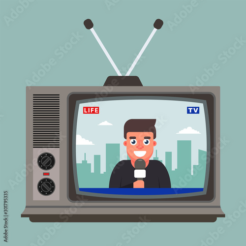 The old TV shows a live report with a correspondent. flat vector illustration