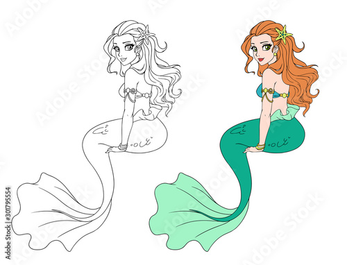 Illustration of a sitting mermaid girl. Hand drawn vector cartoon illustration. Isolated on white. Template for children coloring book, t-shirt design, mobile games, tattoo, card.