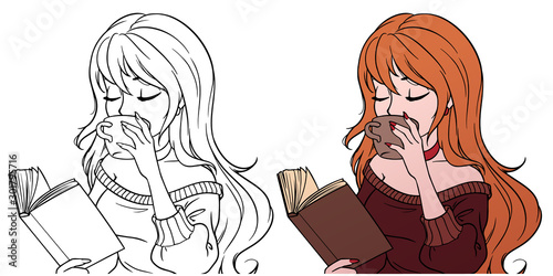 Young girl is drinking coffee and reading book. Hand drawn contour vector illustration for coloring book, children games, cards, tattoo, sticker, t shirt etc. Isolated on white background.