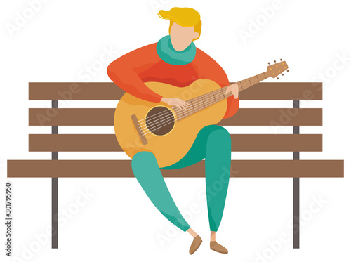 Guitar player sitting on wooden bench vector. Isolated man holding acoustic guitar. Character wearing warm clothes. Talented personage singing songs in pastime hobby, leisure of human flat style