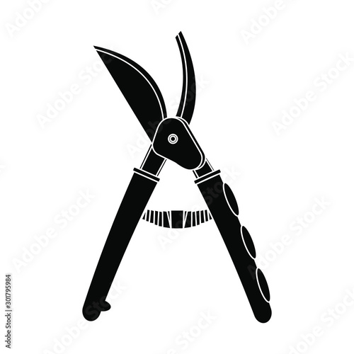 Black silhouette of secateurs on a white background.Icon, outline style. Agricultural work, landscape design. Gardening Tools. Rural life in vector illustration.