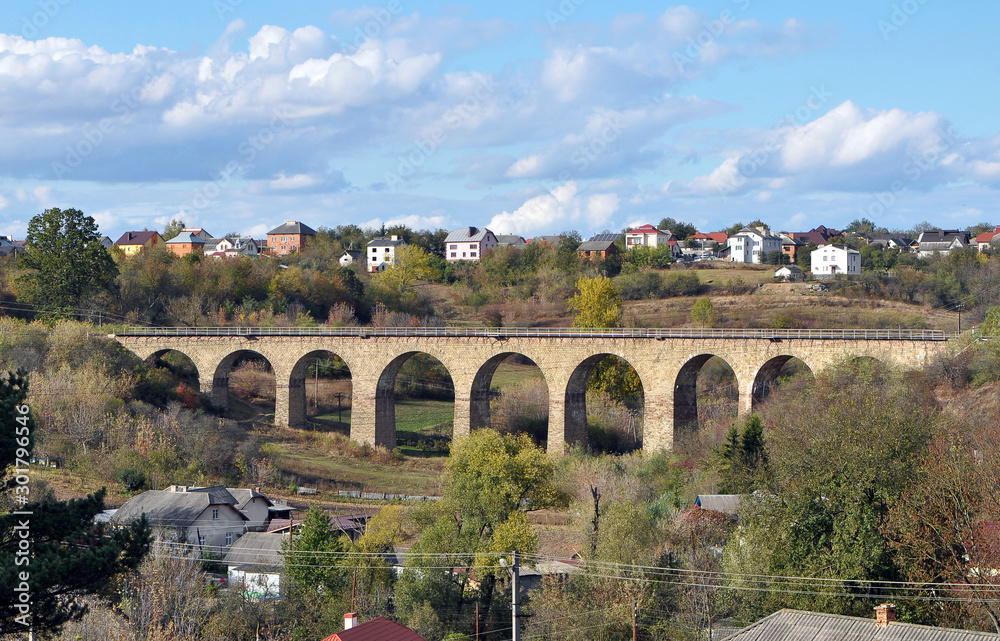 Obraz premium Viaduct is a 9-arch railway bridge in the village of Plebanivka near Terebovlya, Ukraine