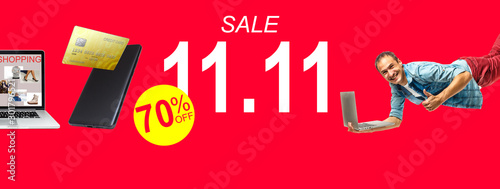 11.11 Shopping day sale poster or flyer design. Global shopping world day Sale on colorful background. Crazy sales online.