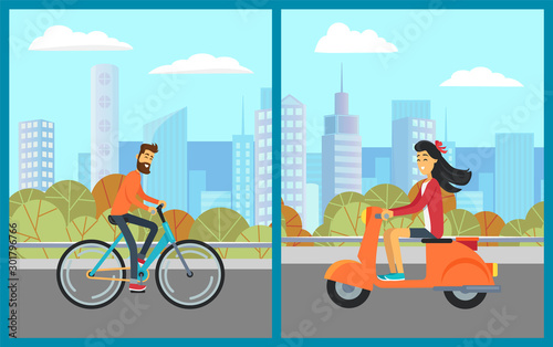 Smiling people riding urban transport in downtown, skyscraper and tree view. Man on bicycle, woman on scooter going by road in city, building. Vector illustration in flat cartoon style