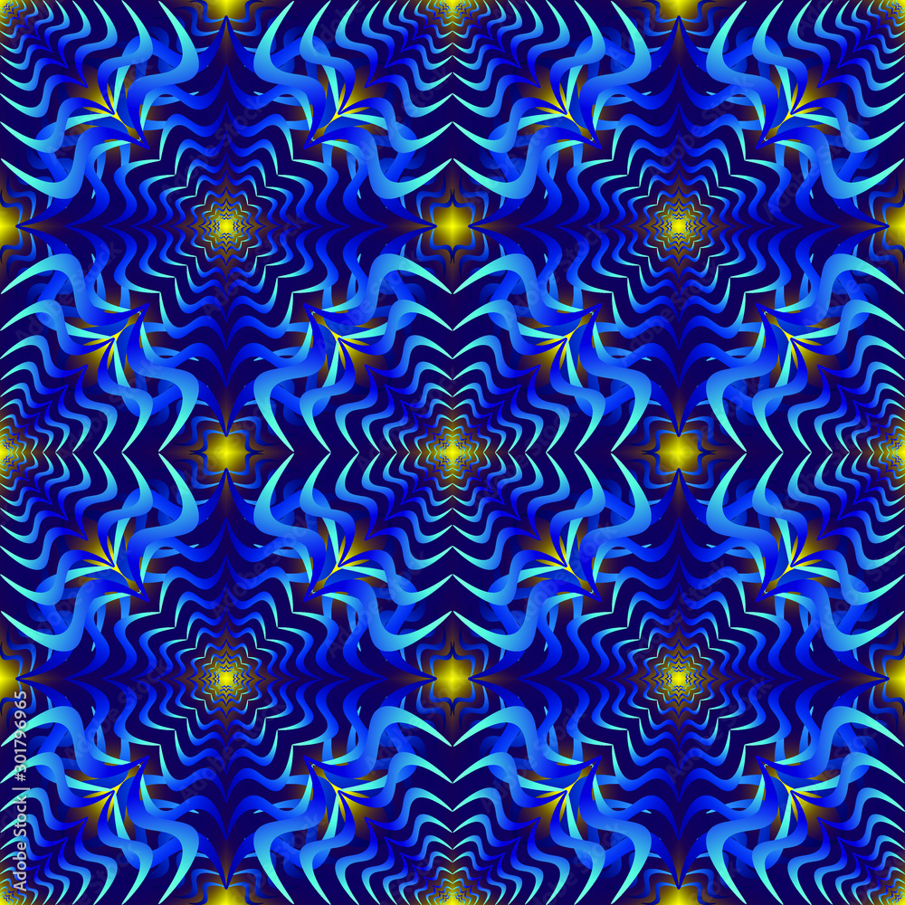 Seamless endless repeating multicolored bright ornament of different colors on combined background