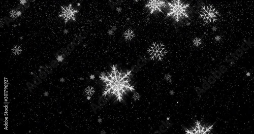 Snowfall made of big beautiful snowflakes on a black background
