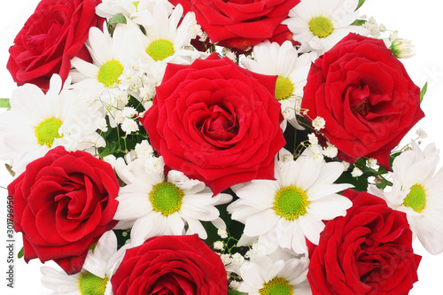 Bouquet of red and white spring flowers on a white background