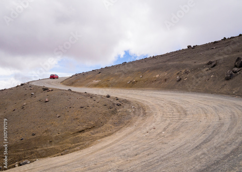 Lunar landscape with winding dirt road in Chimborazo National Park, Ecuador
