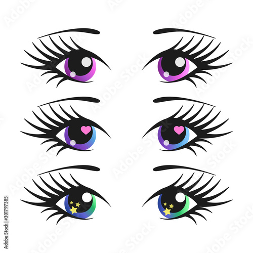 Set of cartoon girl eyes. Anime vector illustration. Cute and sweet.