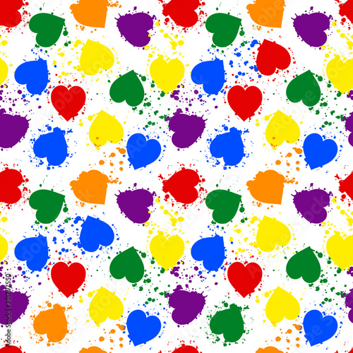 Vector seamless pattern lgbt pride color heart. Valentines Day. Love illustration. Paint blobs.