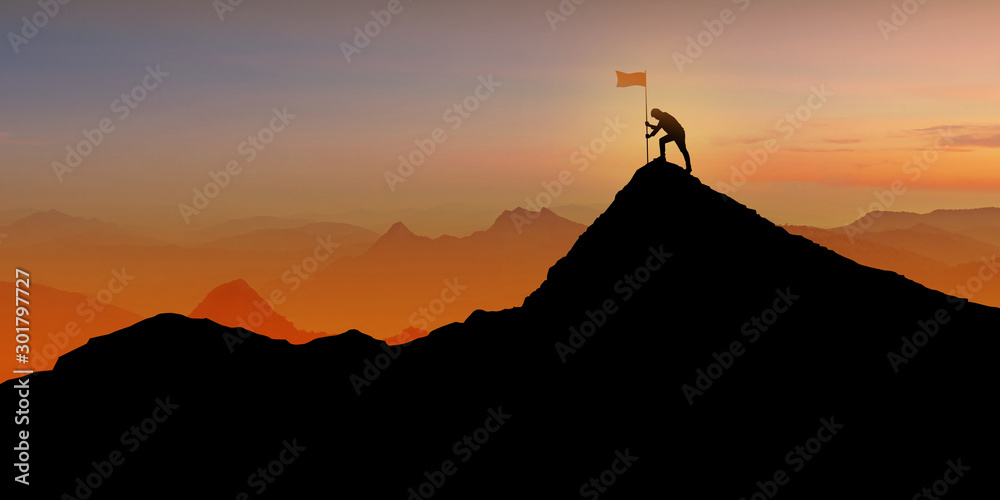 Silhouette of Businessman standing on mountain top over sunset twilight background with flag, Winner, Success and Leadership concept