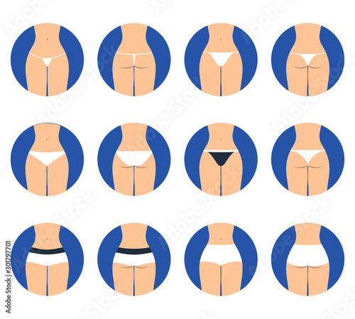 All types of women underwear. Vector set of underwear. View front and behind.
