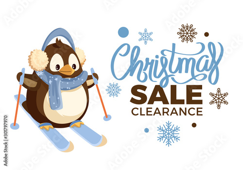 Christmas sale clearance penguin on skis, outdoor activity. Holiday offer and discount with pattern of snowflakes. Seabird in earmuff with scarf. Vector illustration in flat cartoon style
