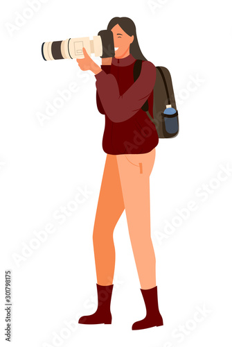 Woman with professional full hd camera and backpack on back making professional photos. Vector cartoon style person, tourist or photo correspondent isolated