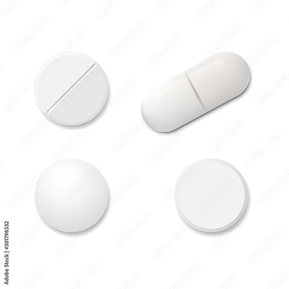 Realistic set pills isolated on white background. Vector illustration. - obrazy, fototapety, plakaty 