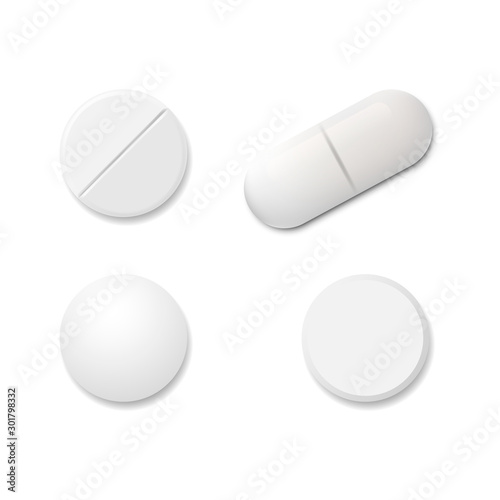 Realistic set pills isolated on white background. Vector illustration.