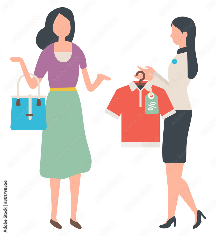 Customer and shop assistant, sale and shopping, t-shirt on rack. Woman with bag and clothes with discount tag, buyer and seller isolated characters. Vector illustration in flat cartoon style