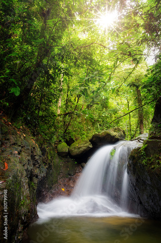 Beautiful cascade waterfall in the rainforest during a ecotourism jungle hike in Gunung Leuser National Park  Bukit Lawang  Sumatra  Indonesia