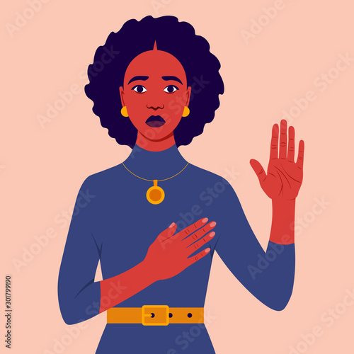 African woman swears an oath. Serious African girl  makes sincere promise, keeps one hand on heart, raises palm, demonstrates loyalty gesture being honest. Vector flat illustration