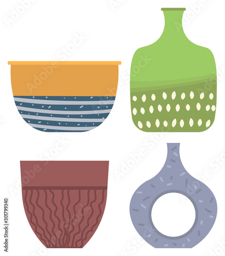 Set of striped vase isolated on white. Crockery decorative jar with waves ornament, color pot in flat style design, ceramic flowerpot. Handmade items from clay. Vase for flowers. Vector illustration