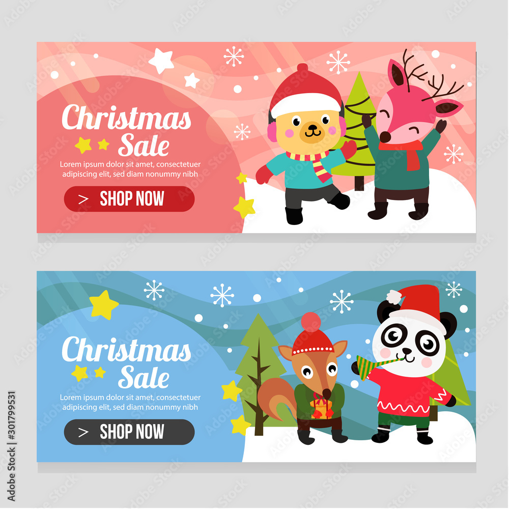 Fototapeta premium vivid two banner christmas template with panda squirrel dog deer