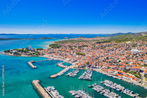 Aerial overhead view of marina in town of Vodice, Adriatic sea in Croatia