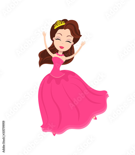Partying women dancing in dress, female wearing formal costume happily spending time, elegant female with cute hairstyle isolated dancer. Vector illustration in flat cartoon style