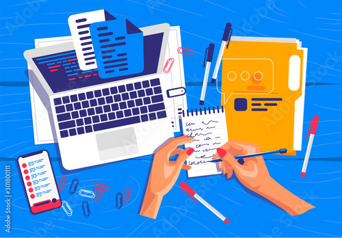 vector illustration hand holding pen, writing notes in Notepad, business planning, top view, stationery, notebook, paper clips, mobile phone with notes, documents with files