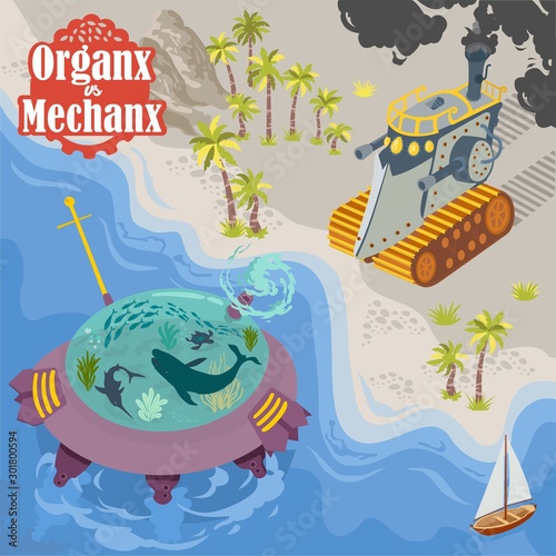 Fantasy battle between mechanical and organic machines in vector format cartoon illustrations 3
