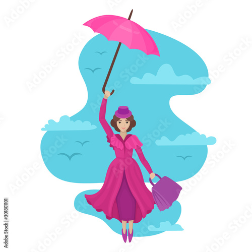 Fotografía Woman flies in the sky with an umbrella and a bag