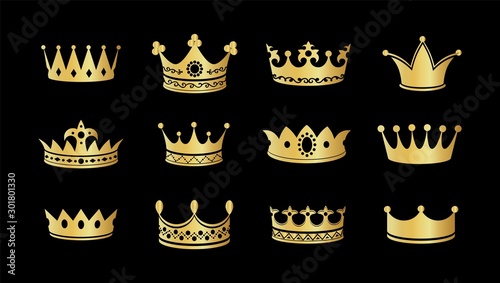 Gold crown silhouette icon set. Collections of golden crowns. Queen tiara. King diamond coronation crowning. Vector illustration retro glittering corona for game as a symbol of royalty
