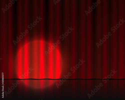 Realistic theater stage. Red velvet curtains and spotlight illumination. Circus or cinema drape. Vector isolated 3D theater background with round spot light as a highlight effect empty theatre stage