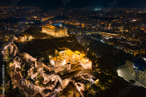 Fototapeta Naklejka Na Ścianę i Meble -  athens acropolis parthenon night aerial drone landscape
