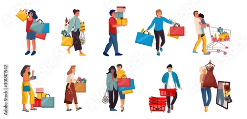 Shopping people. Trendy cartoon characters on retail store, happy buyers at discount shop. Vector illustrations people in mall scenes. Smiling man in mall with bag or cart big set fun shopper