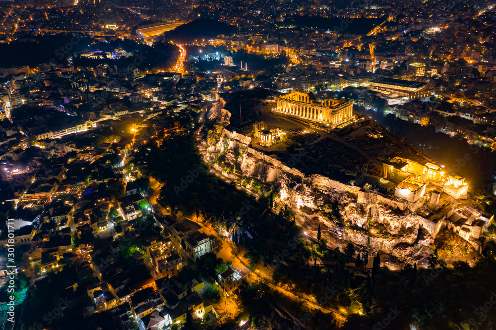 Fototapeta premium athens acropolis parthenon night aerial drone landscape