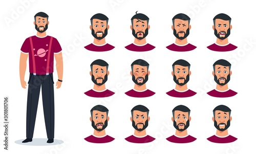 Face expressions. Cartoon man character with set of different emotions angry, pain, sad, happy, surprised guy. Vector expressing constructor avatar faces animation men image