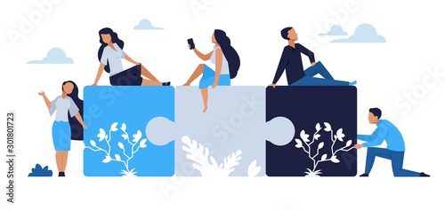 Business teamwork concept. Puzzle elements with cartoon businessman team, partnership and people communication. Vector design cartoon illustration connecting project to marketing objects