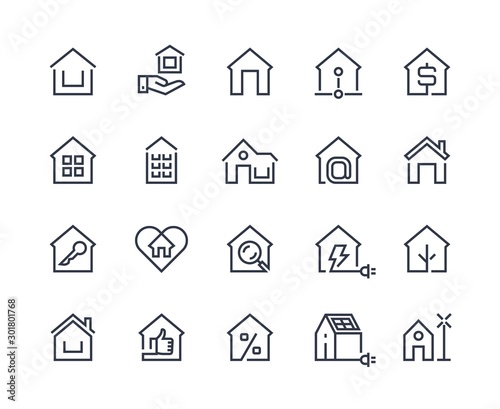 Home line icons. House interface button, browser homepage pictogram, real estate and building construction symbols. Vector set thin symbol computer management estate for mortgage and insurance
