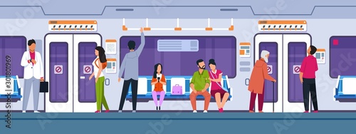 People in transport. Cartoon characters sitting and standing in city train. Vector illustrations male and female characters stand and seated in interior public tube transport