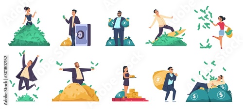 Rich people. Flat happy characters throwing and swimming in money, lying on a bed of money. Vector image isolated careless young cartoon people. Riches girl and guy with smile jumping and drags bag photo