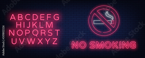 No smoking vector neon sign. Bright symbol, icon, luminous warning sign of smoking. Neon alphabet. Vector illustration EPS 10.