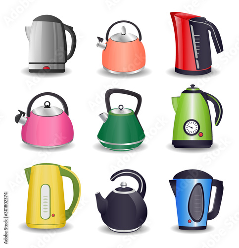 Set of Electric kettle and for stove with boiling water isolated on white background vector illustration
