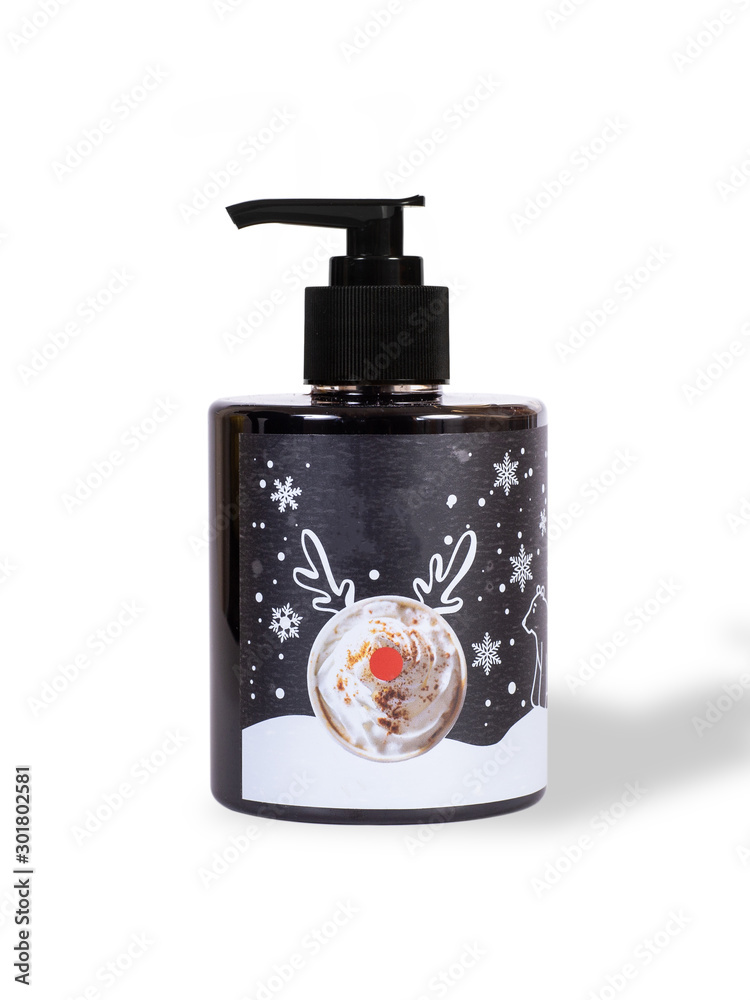 Shower gel isolated on white background. Christmas gift with traditional pattern. Shower gel isolated on white background. Christmas gift with traditional pattern.