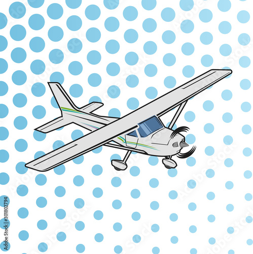 Small plane vector illustration. Single engine propelled aircraft. Pop art cartoon style