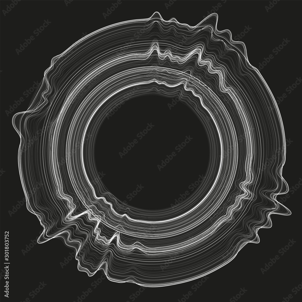 Vector 3d echo audio circular wavefrom spectrum. Abstract music waves oscillation graph. Futuristic sound wave visualization. Glowing impulse pattern. Synthetic music technology sample.