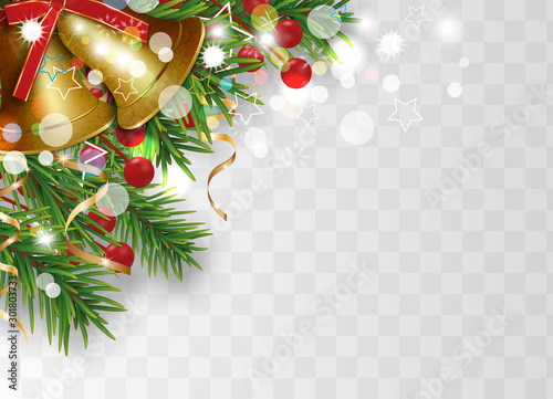 Christmas bells golden. Happy New Year border with Christmas tree branches and holly berries, gold ribbons. Bright decoration on transparent background. Vector