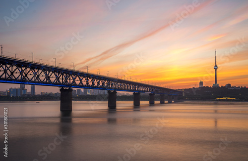 Wide-angle wuhan yangtze river bridge at hubei province, China, it is the first yangtze river bridge.