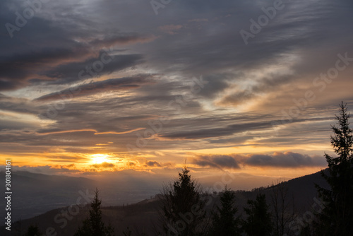 Beautiful sunrise in the mountains with clouds  Czech