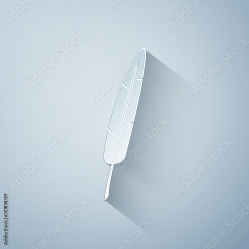 Paper cut Feather pen icon isolated on grey background. Paper art style. Vector Illustration
